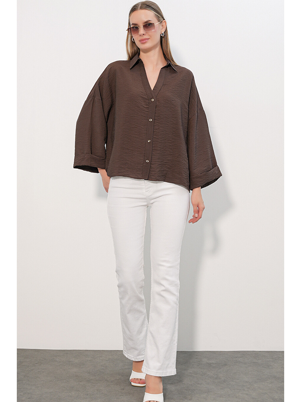 Kadın Geniş Kol Oversize Gömlek 20401 - Kahverengi-1