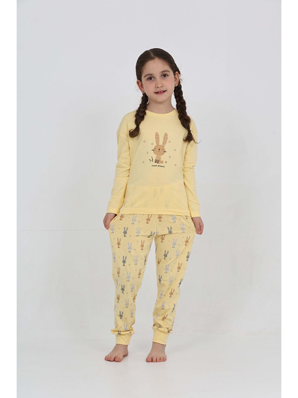 Sarı Kız Çocuk Tavşan Baskılı Pijama Takım-2