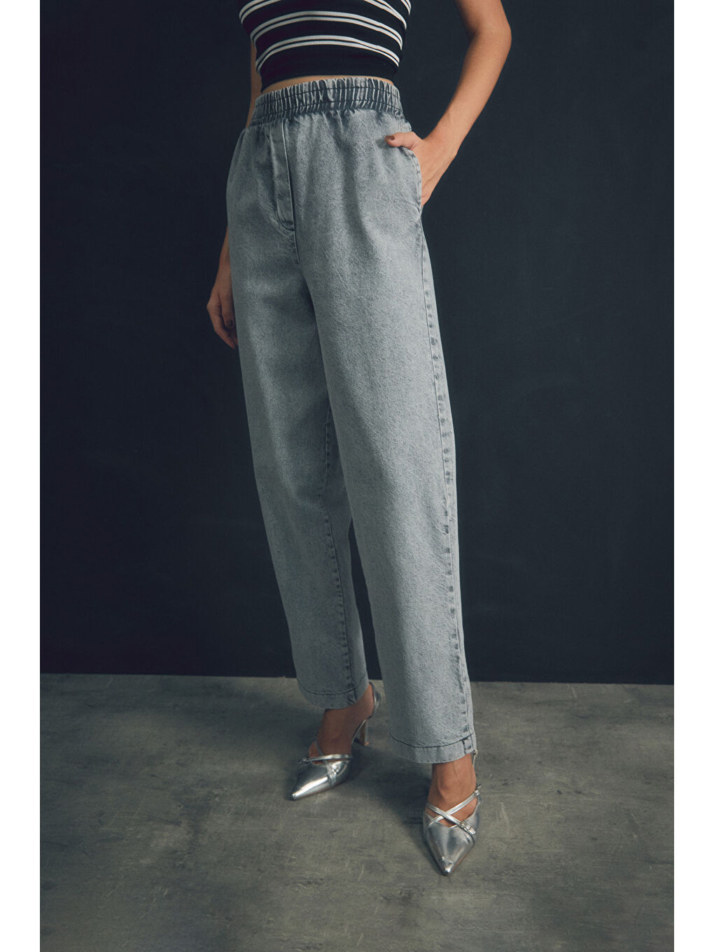 Fullamoda Antrasit Beli Lastikli Cepli Wide Leg Jean - 2