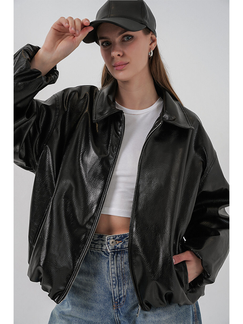 Kadın Oversize Suni Deri Ceket 1049 - Siyah-1