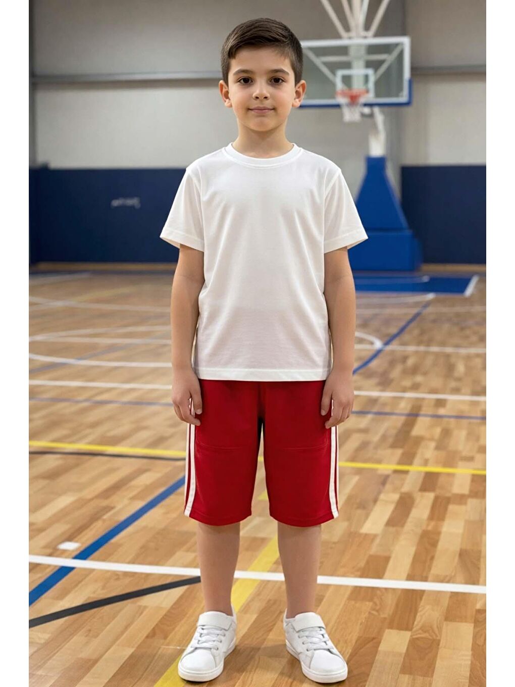 Kırmızı Erkek Çocuk Bisiklet Yaka T-shirt,Kanguru Cepli Kolsuz Sweathirt Şerit Detaylı Kapri Eşofman Takım-1