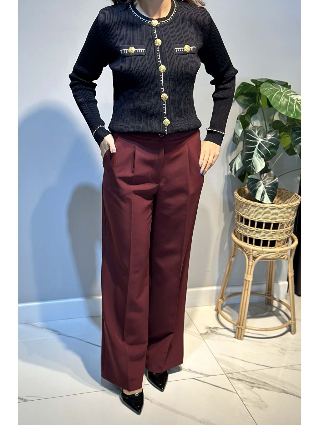 Sentez Geniş Paça Palazzo Pantolon 5578 Bordo-1