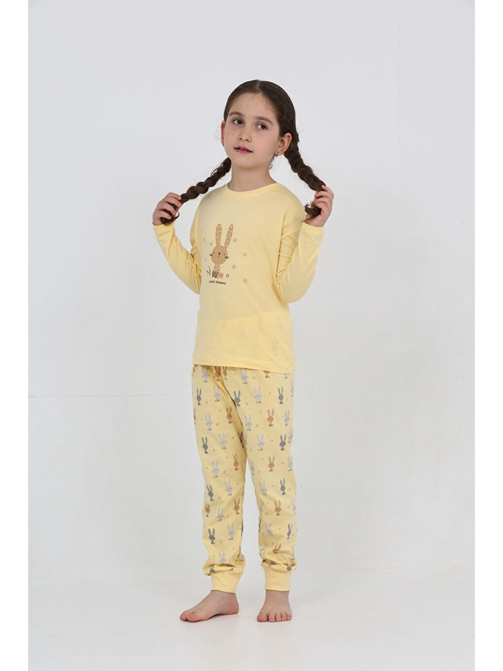 Sarı Kız Çocuk Tavşan Baskılı Pijama Takım-3