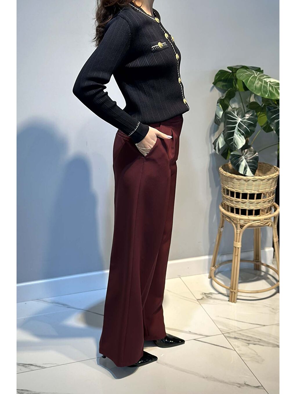 Sentez Geniş Paça Palazzo Pantolon 5578 Bordo-2