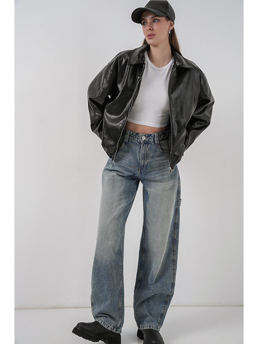 Kadın Oversize Suni Deri Ceket 1049 - Siyah-2