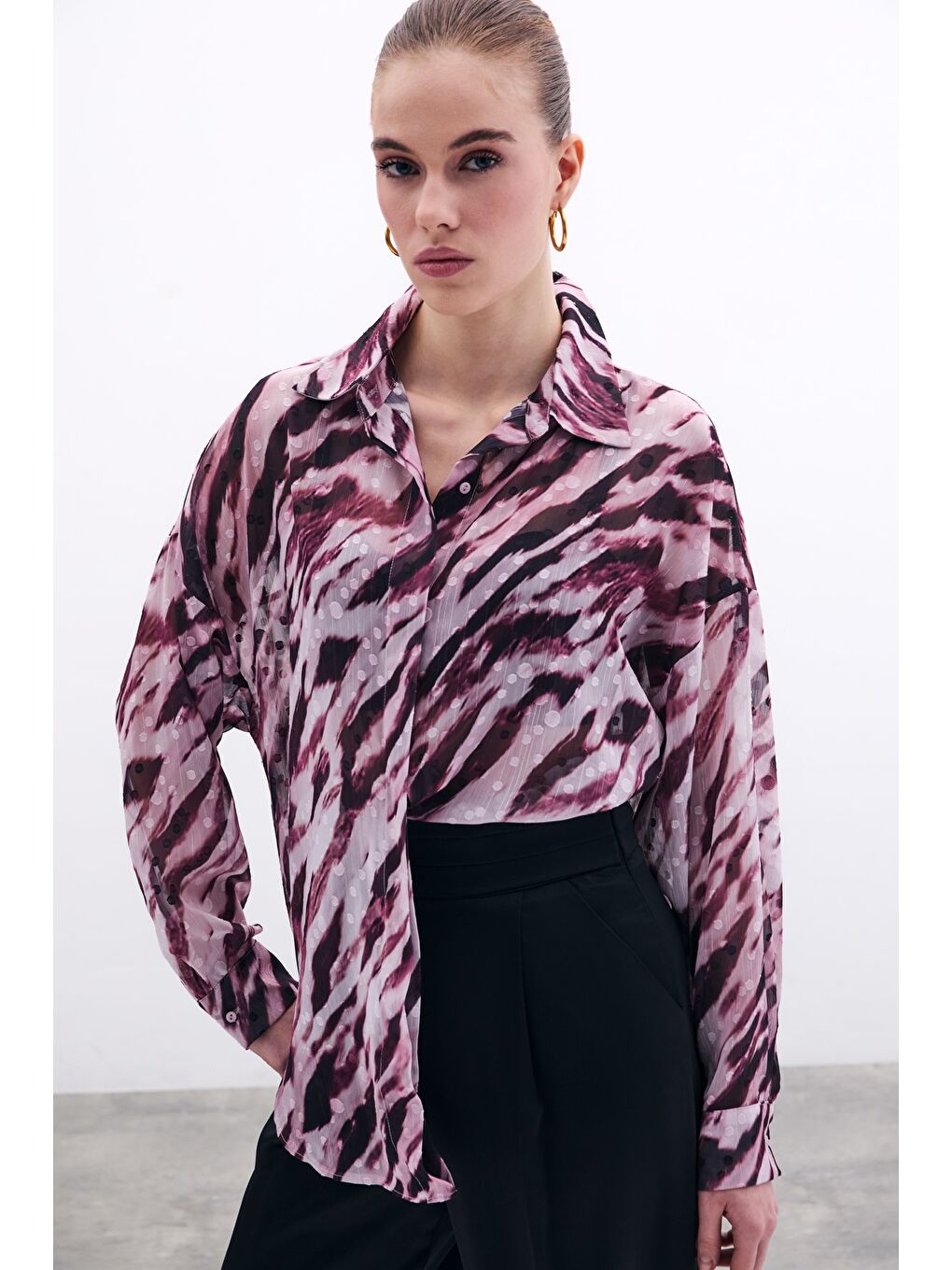 Desenli Salaş Gömlek - Bordo-3