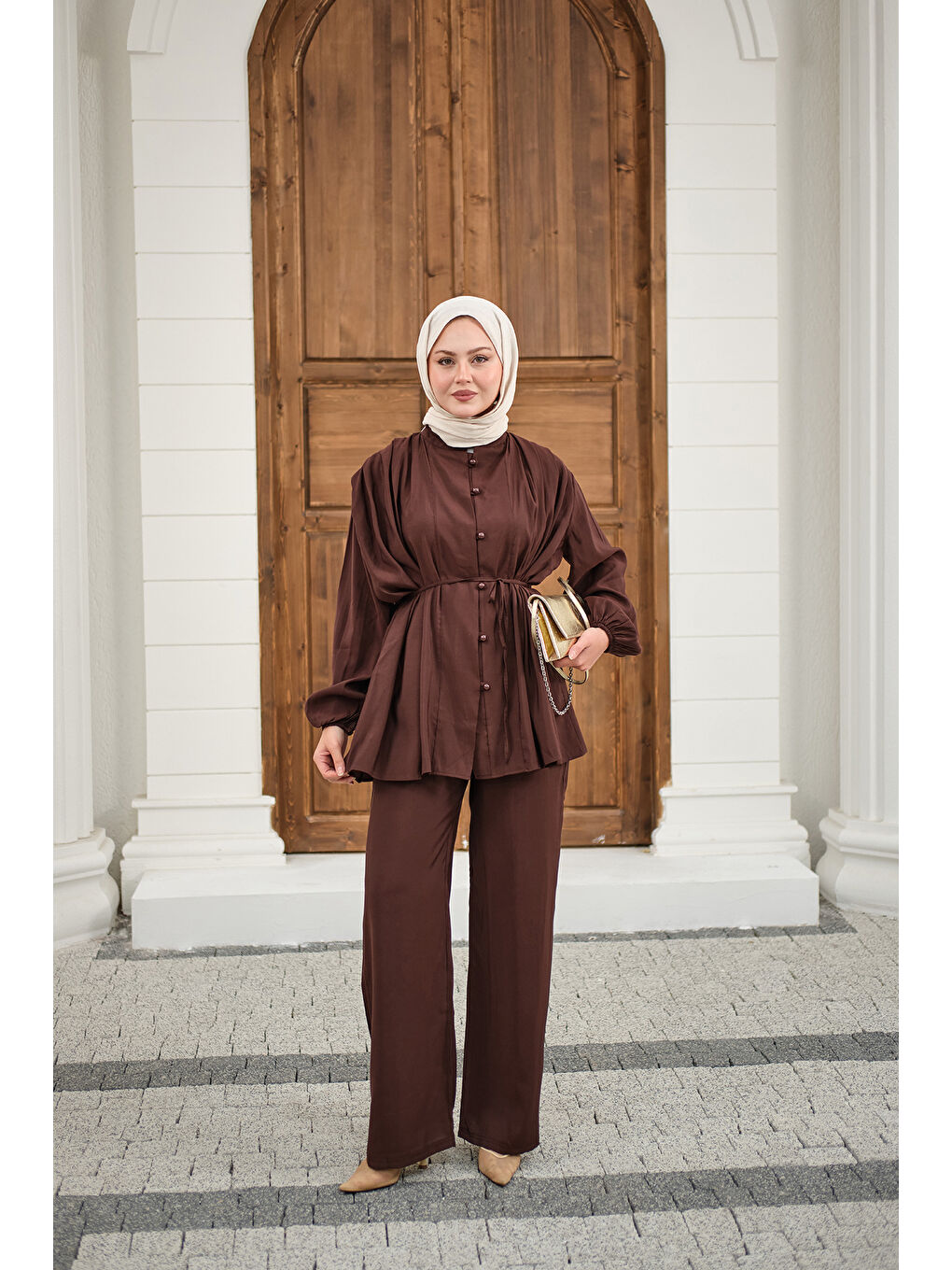 Kadın Çoban Düğmeli Pantolonlu Pilise Detay Takım Kahverengi-1