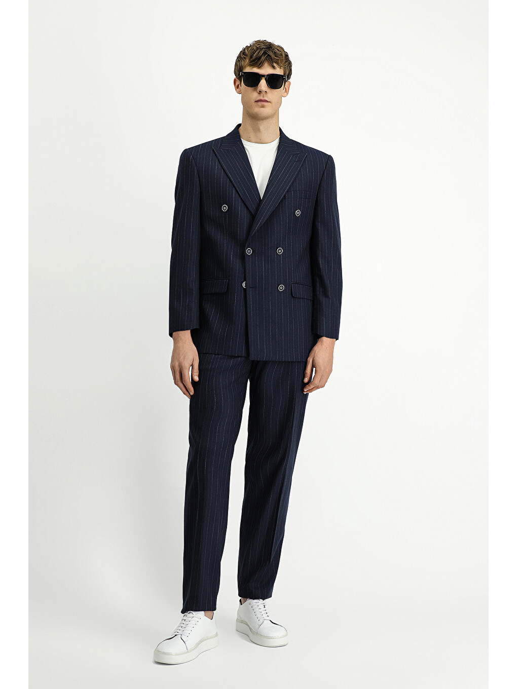 Lacivert 7 Drop Slim Fit Dar Kesim Çizgili Kruvaze Takım Elbise