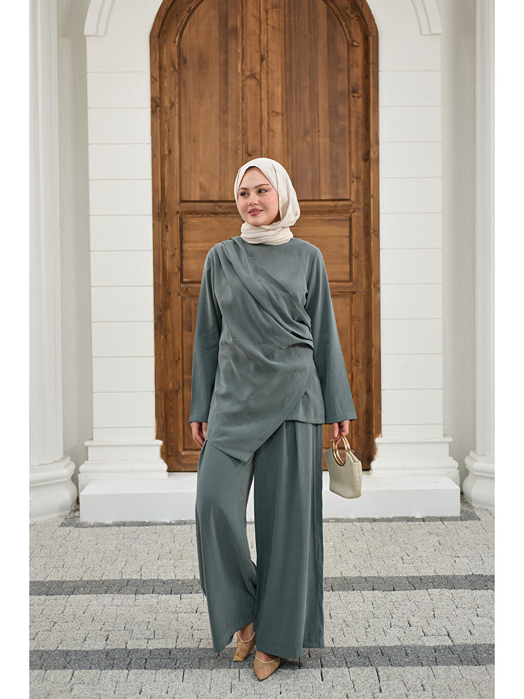 Kadın Yandan Dikişli Parça Detay Pantolonlu Takım Yeşil-3