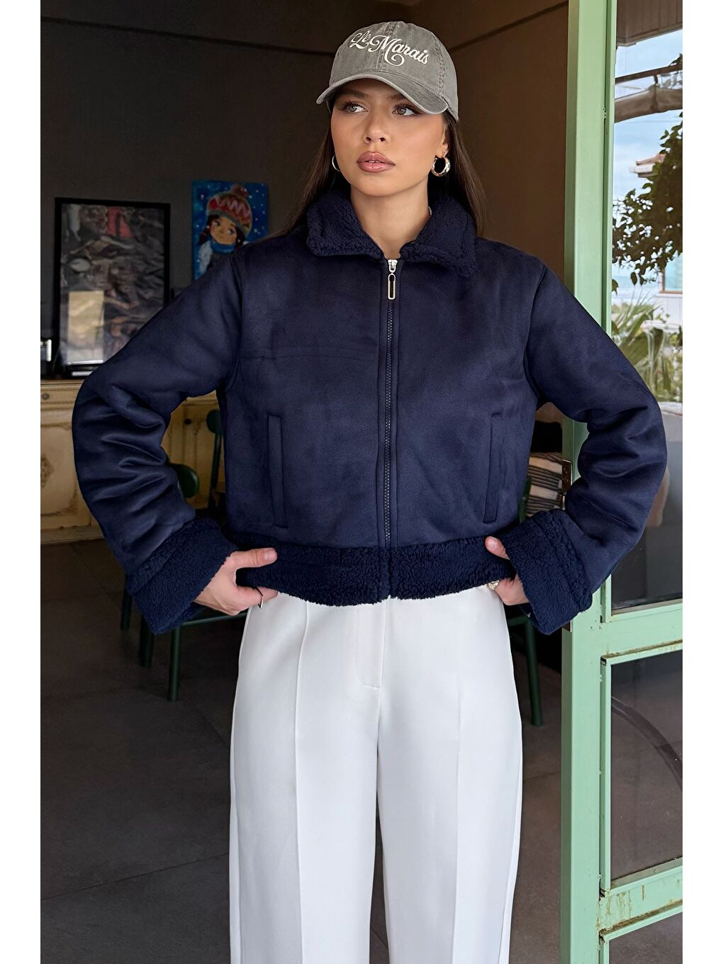 Lacivert İçi Pelüşlü Kadın Nubuk Mont