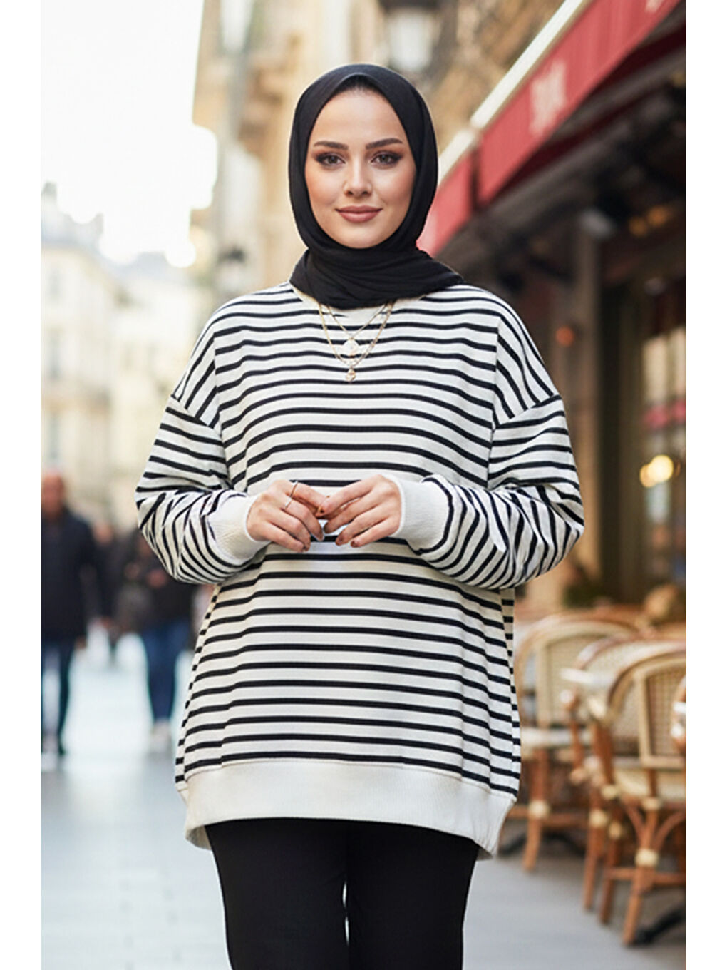 Bisiklet Yaka Çizgili Basic Uzun Kol Sweatshirt 3030 Siyah