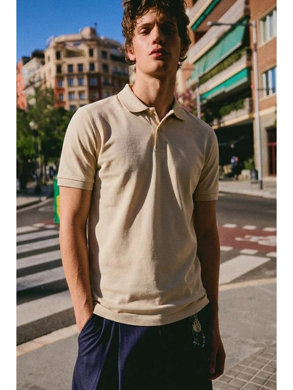 Ekru Erkek Basic Sokak Stili Krem Polo Yaka Tişört