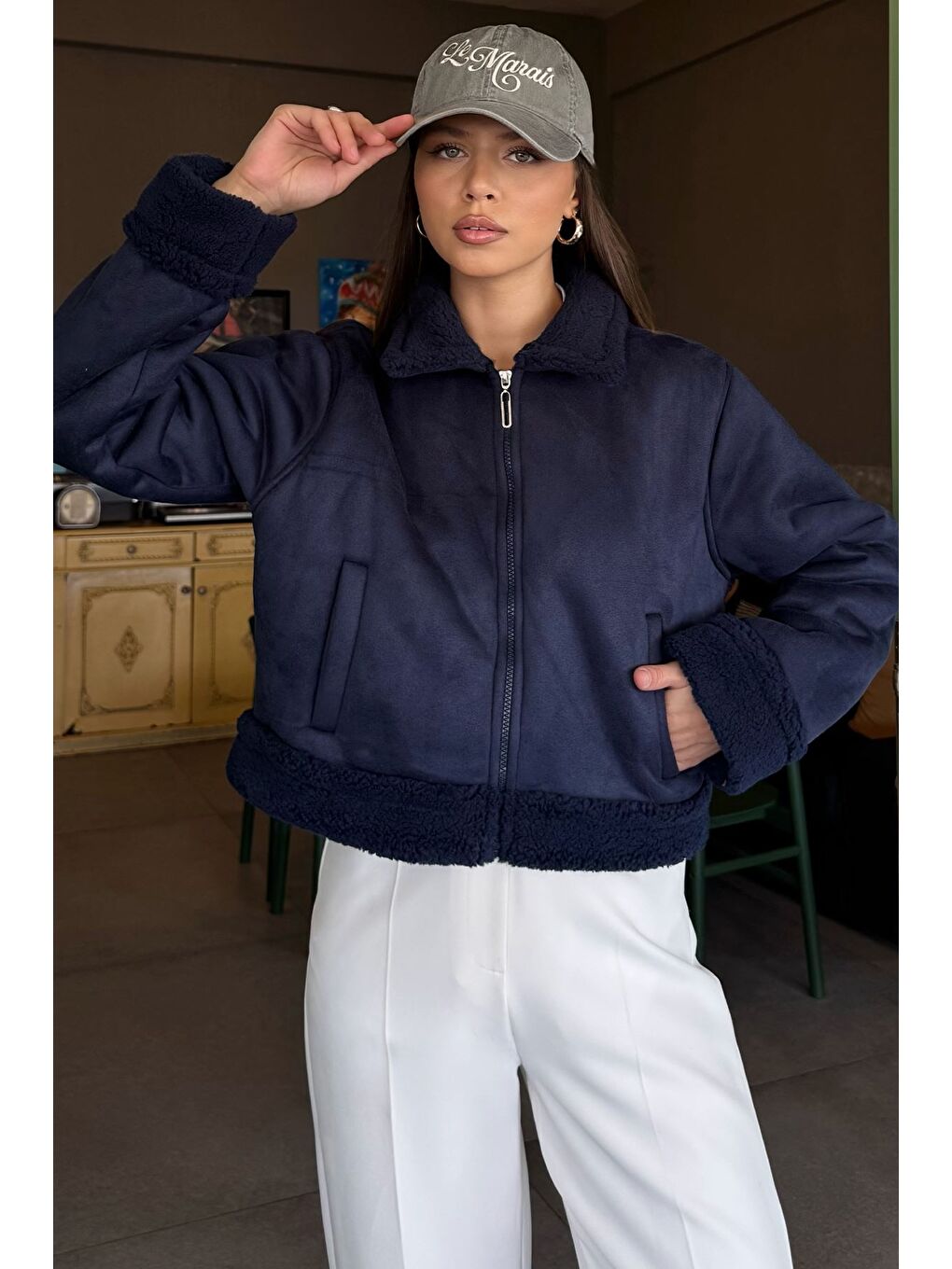 Lacivert İçi Pelüşlü Kadın Nubuk Mont-1