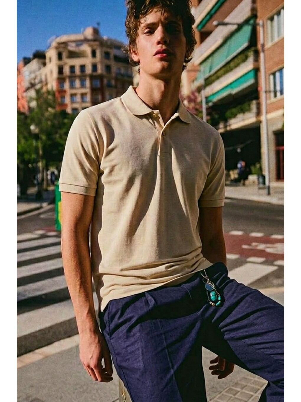 Ekru Erkek Basic Sokak Stili Krem Polo Yaka Tişört-1