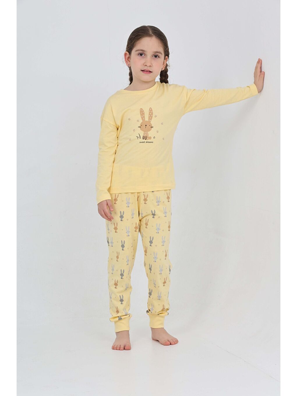 Sarı Kız Çocuk Tavşan Baskılı Pijama Takım-6
