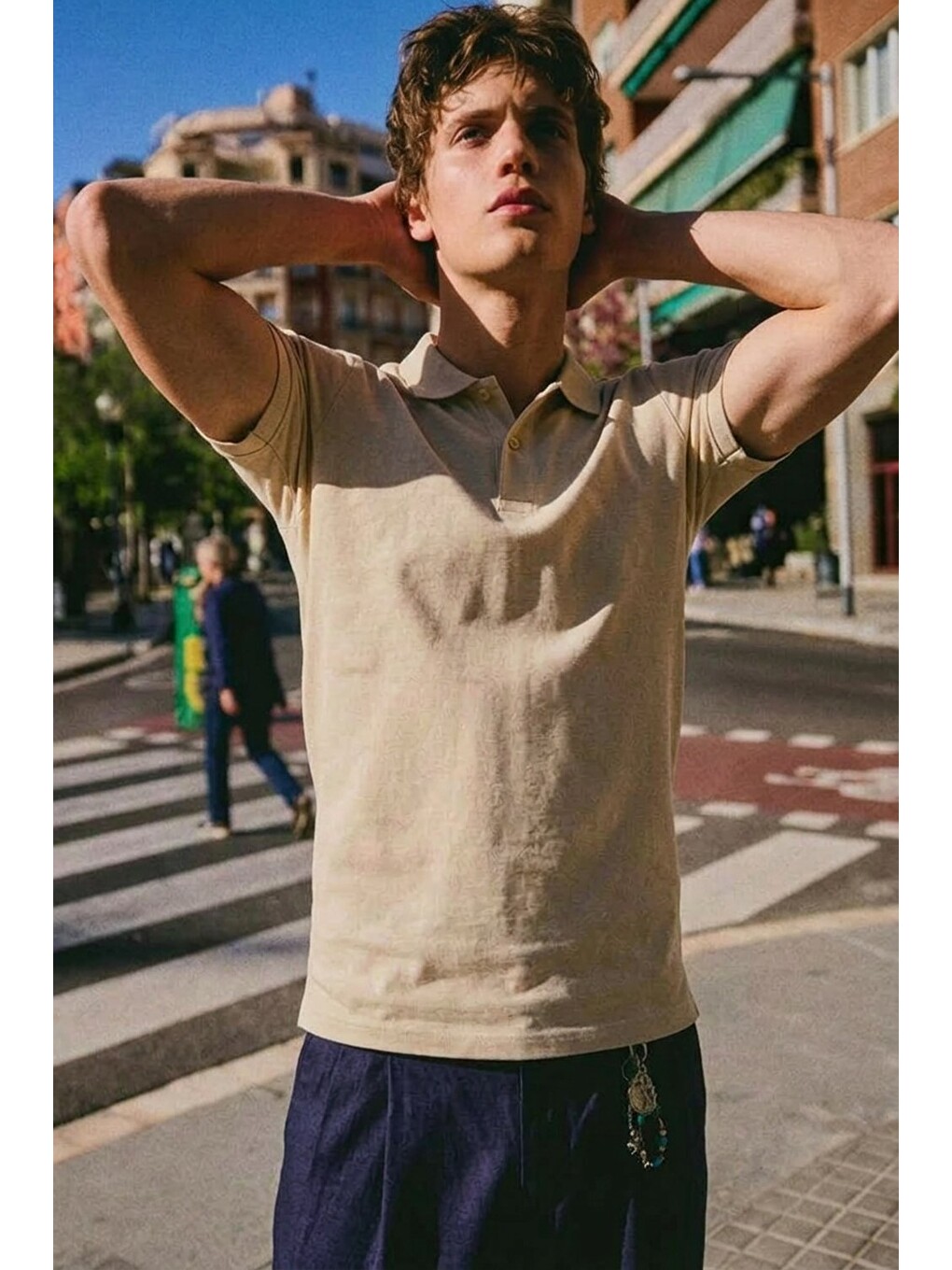 Ekru Erkek Basic Sokak Stili Krem Polo Yaka Tişört-2