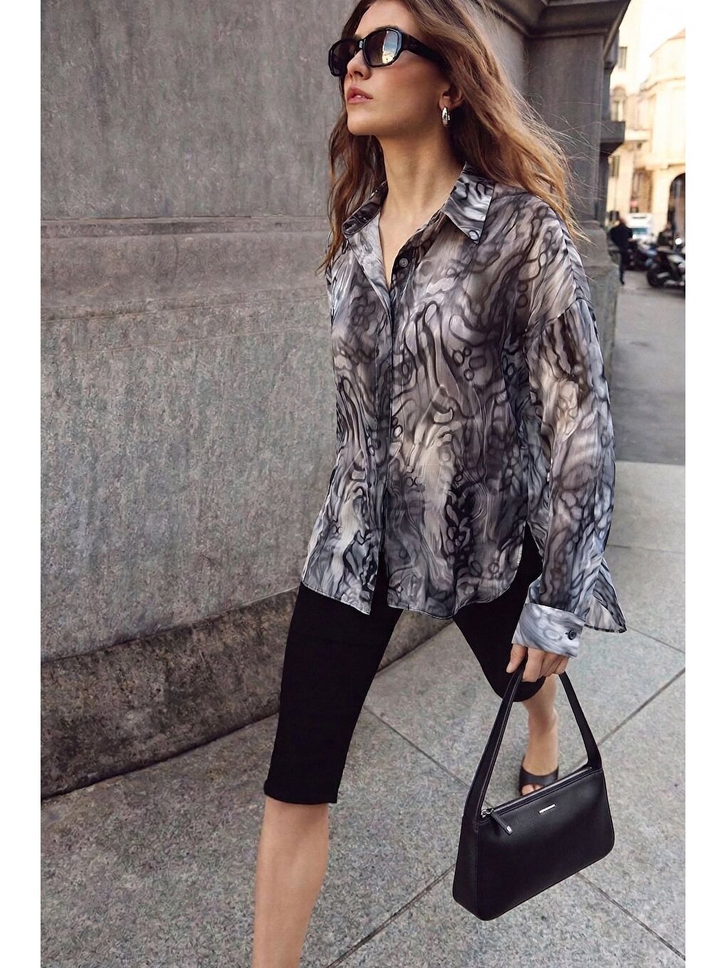 Desenli Salaş Gömlek - Siyah