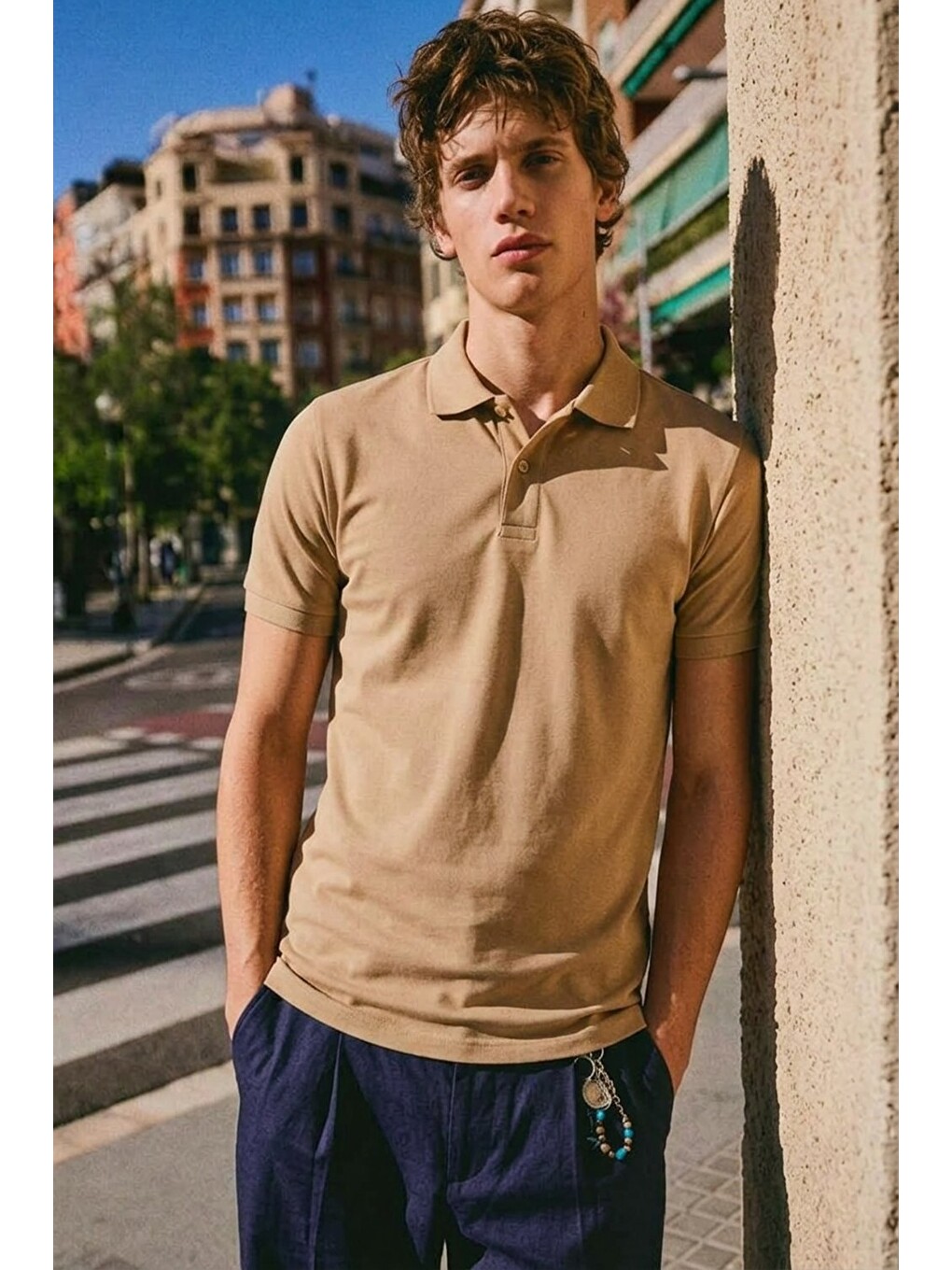 Ekru Erkek Basic Sokak Stili Krem Polo Yaka Tişört-3