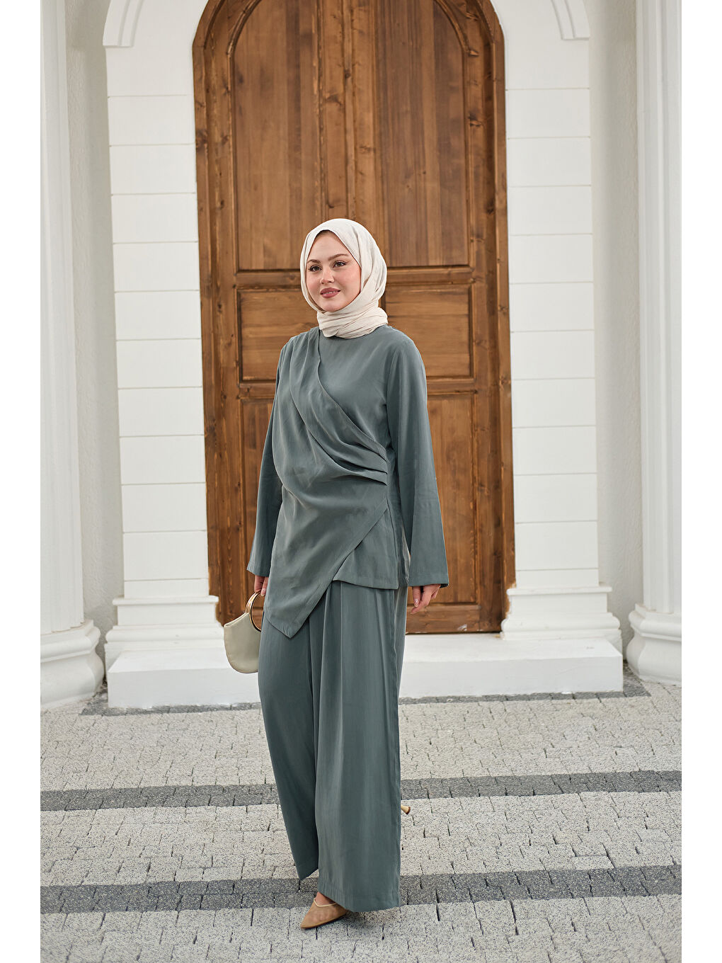 Kadın Yandan Dikişli Parça Detay Pantolonlu Takım Yeşil-4