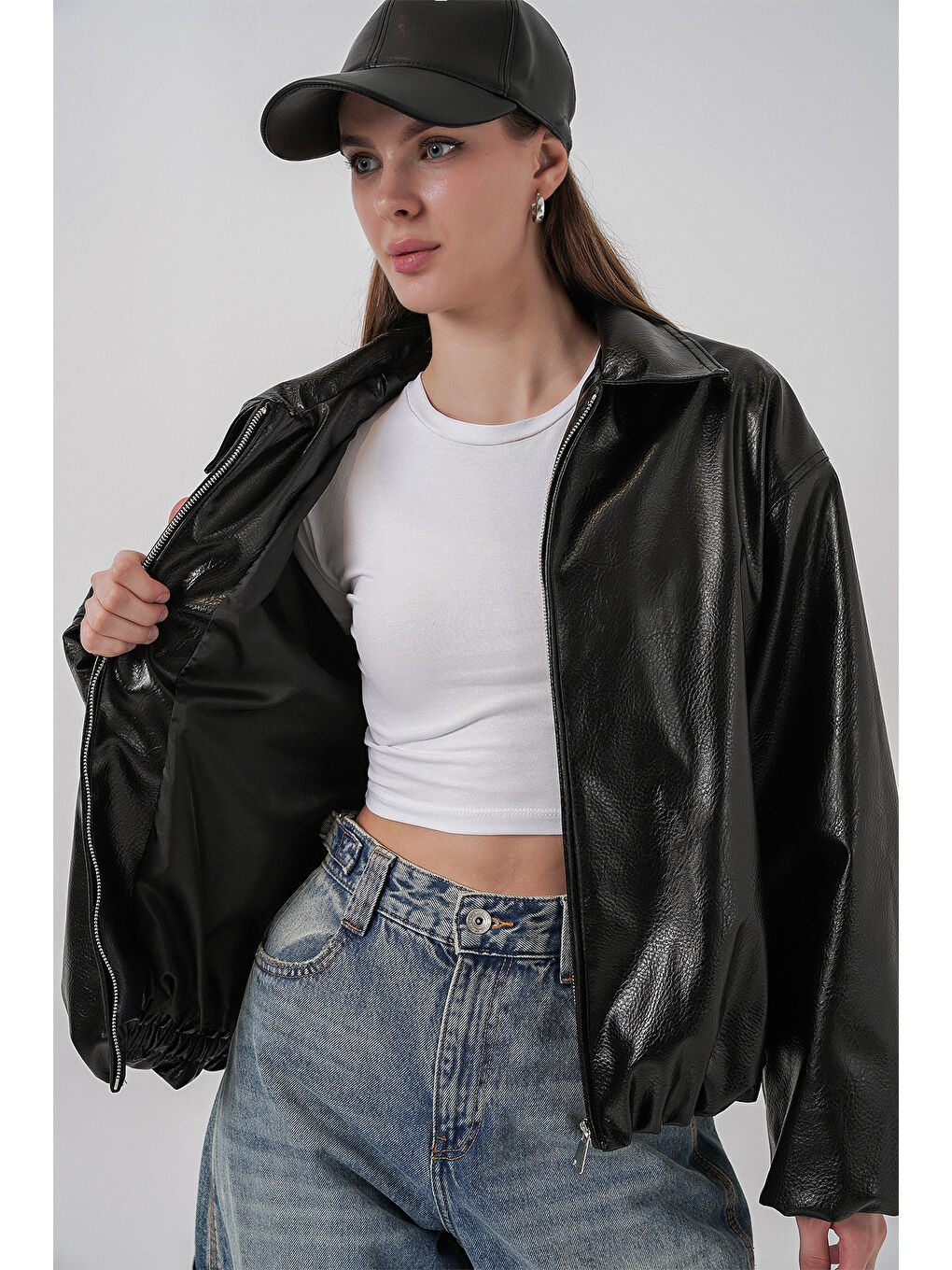 Kadın Oversize Suni Deri Ceket 1049 - Siyah-4