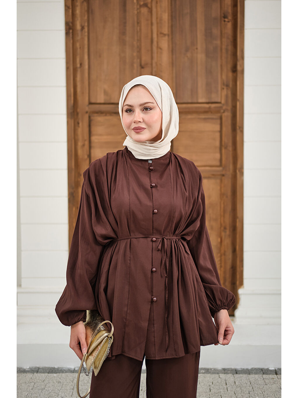 Kadın Çoban Düğmeli Pantolonlu Pilise Detay Takım Kahverengi-2