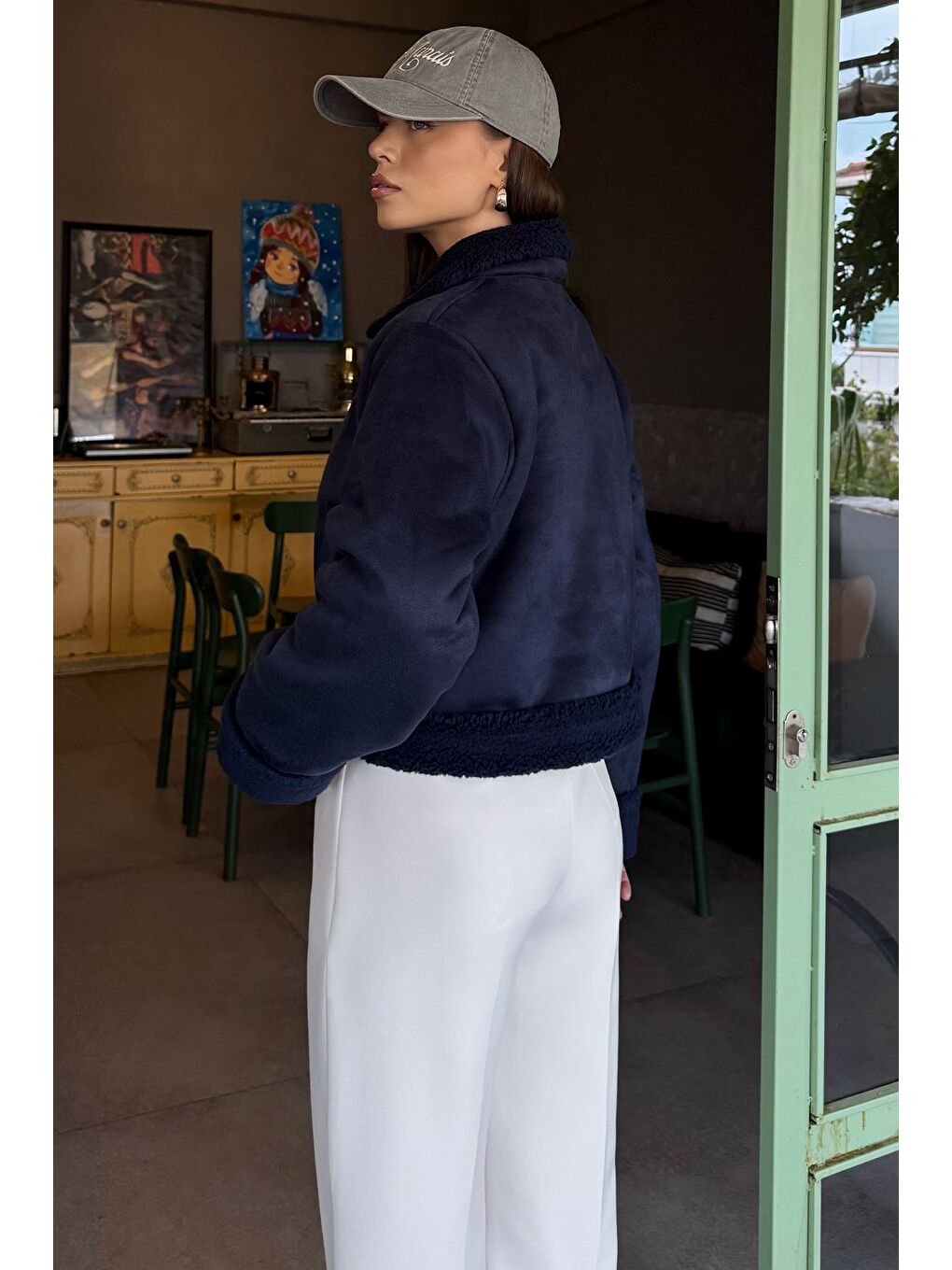 Lacivert İçi Pelüşlü Kadın Nubuk Mont-4