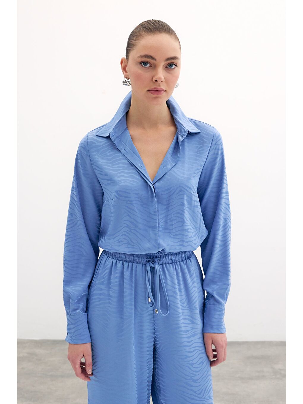 Desenli Düz Klasik Gömlek - İndigo-1