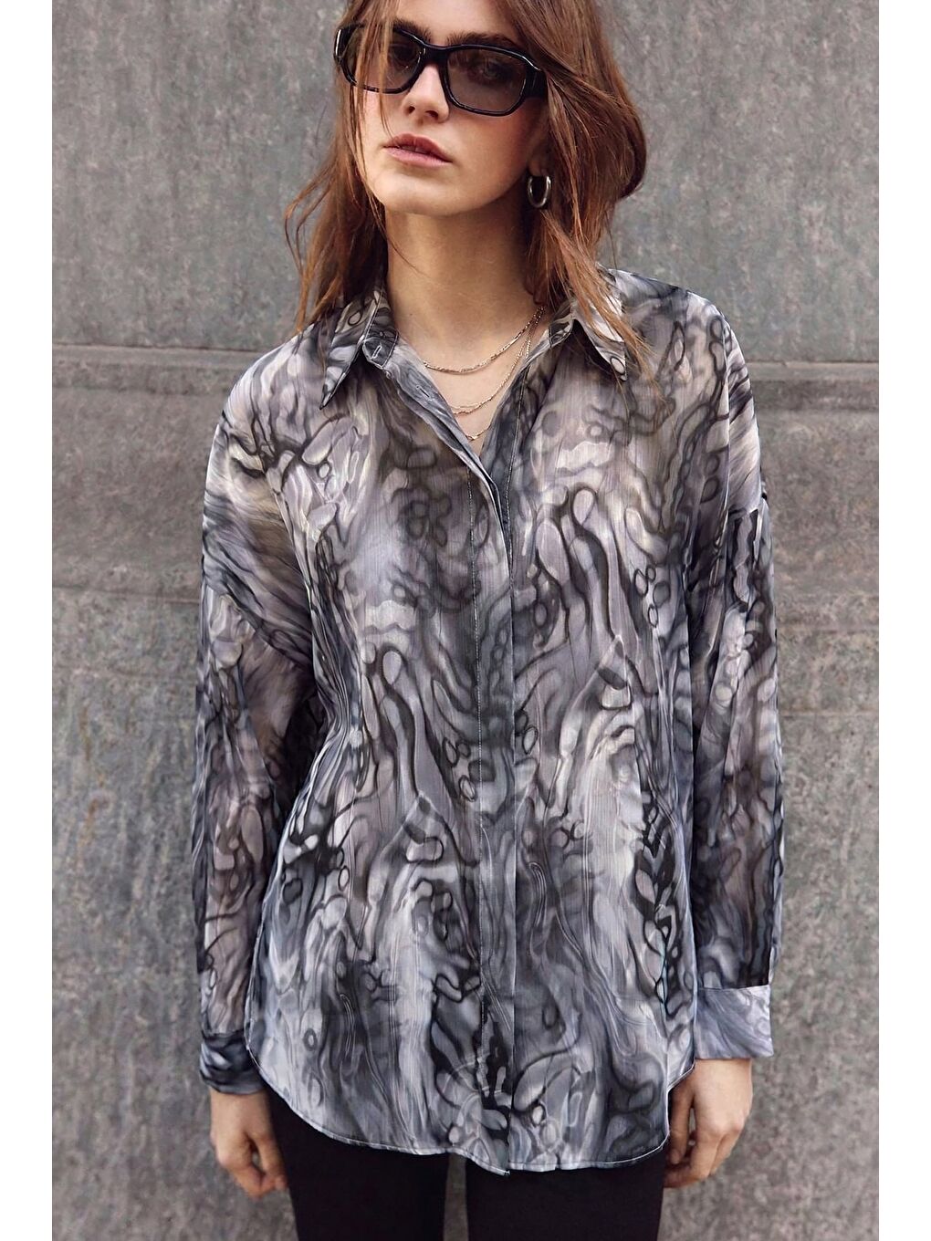 Desenli Salaş Gömlek - Siyah-1