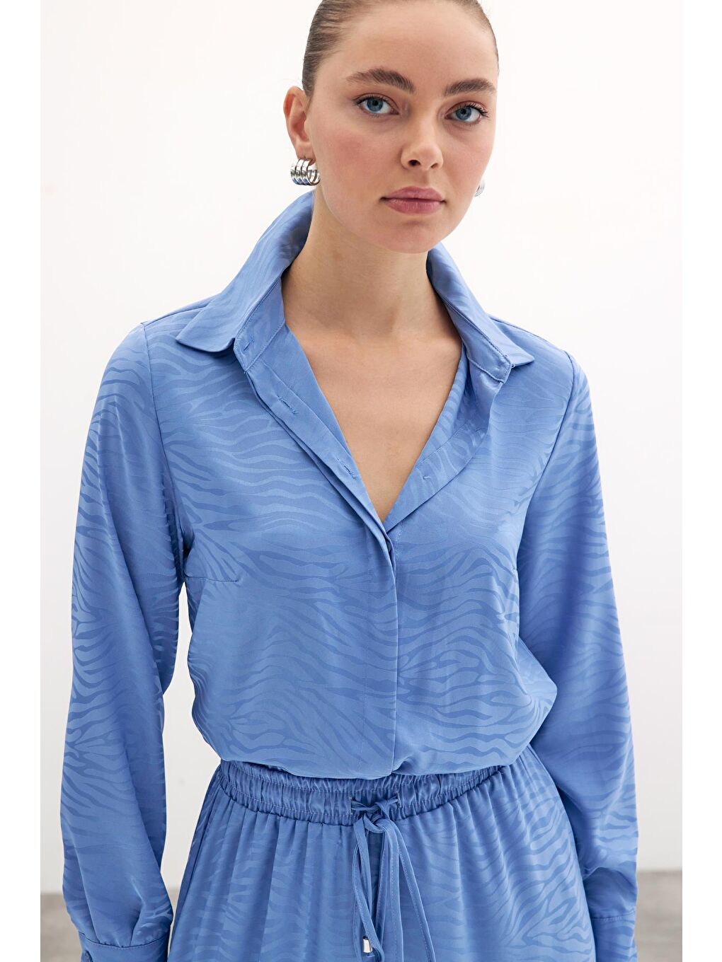 Desenli Düz Klasik Gömlek - İndigo-2