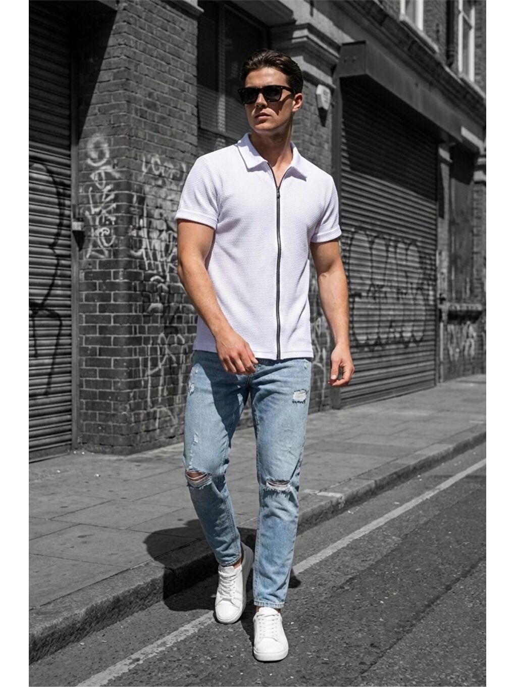 Beyaz Qui Fermuar Detaylı Kısa Kollu Dokulu Örme Gömlek Ceket (Polo Yaka)-1