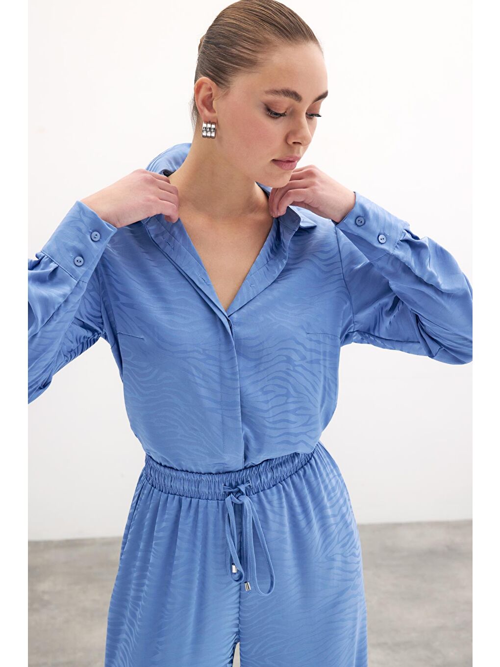 Desenli Düz Klasik Gömlek - İndigo-3