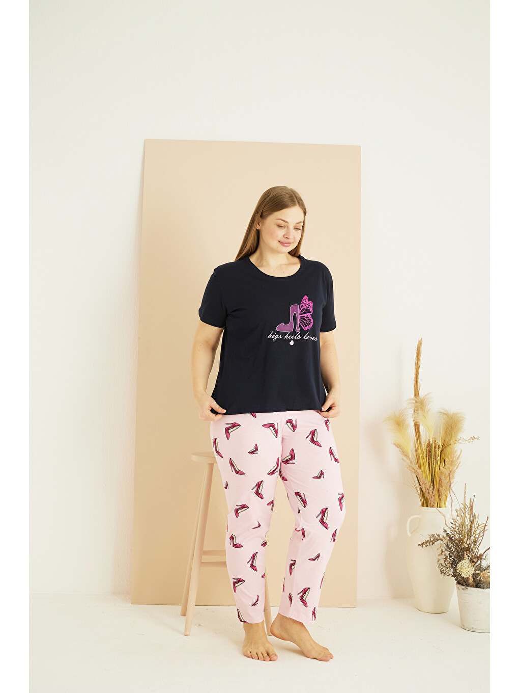 Lacivert Desenli Curve Büyük Beden Battal Boy Pamuklu Pijama Takım25103767-1
