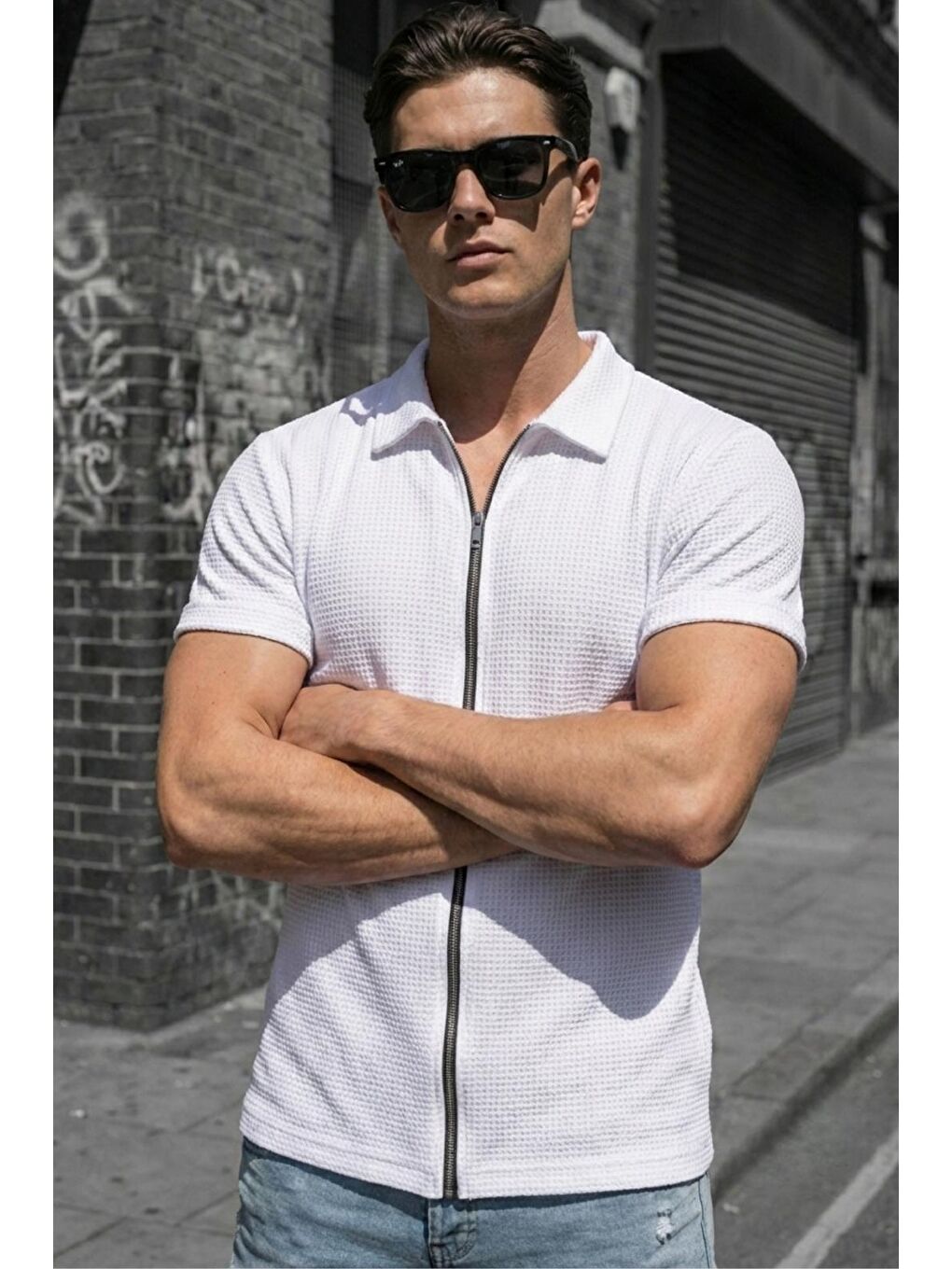 Beyaz Qui Fermuar Detaylı Kısa Kollu Dokulu Örme Gömlek Ceket (Polo Yaka)-2