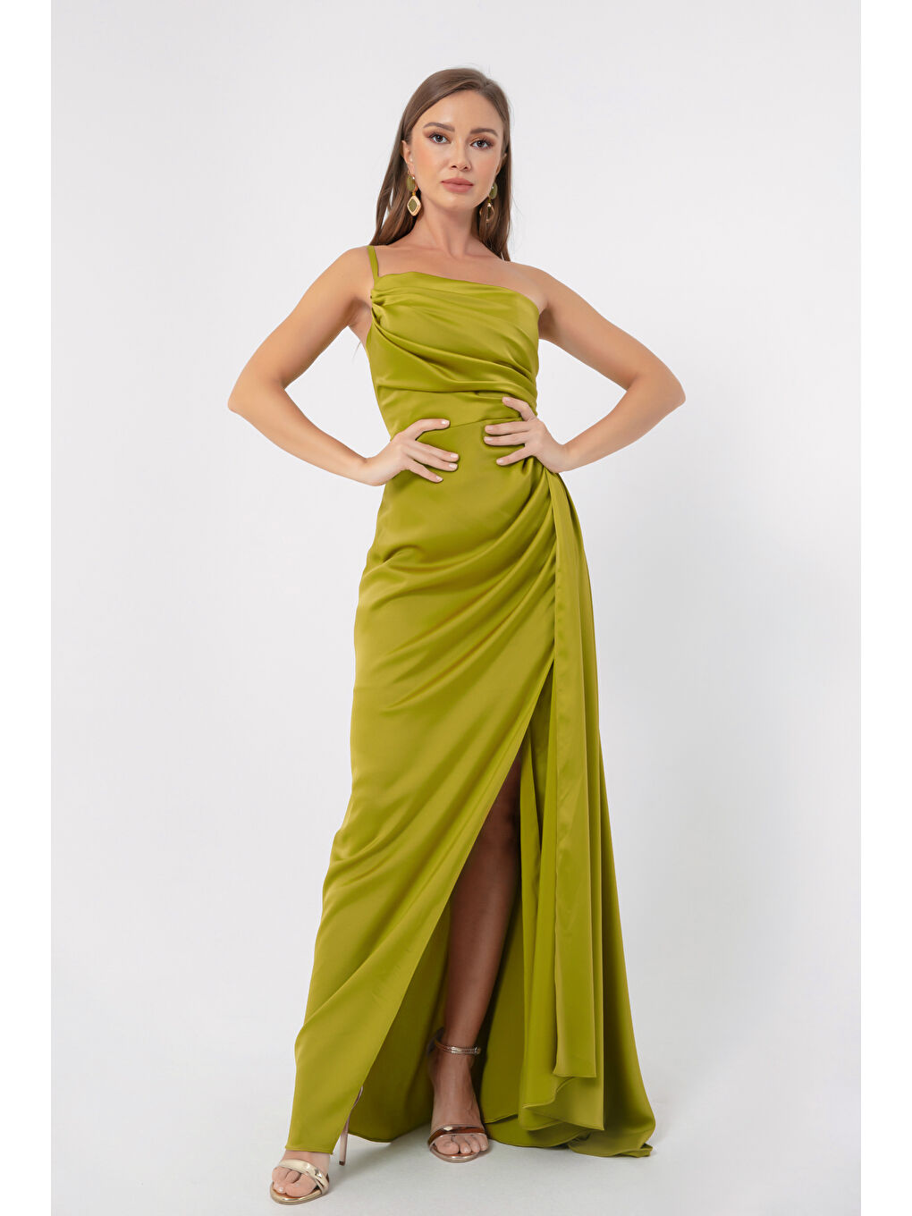 Kadın Yağ Yeşili Tek Omuzlu Saten Abiye & Mezuniyet Elbisesi-1