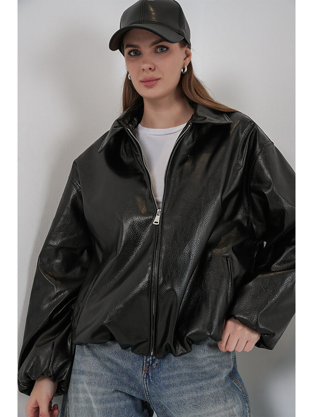 Kadın Oversize Suni Deri Ceket 1049 - Siyah-5