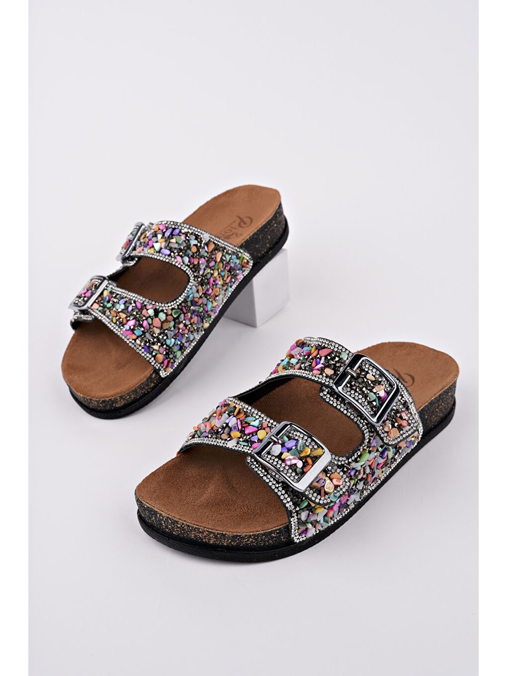 Pembe CRACOW Çift Bantlı Taşlı Ayarlanabilir Kemerli Günlük Kadın Terlik-1