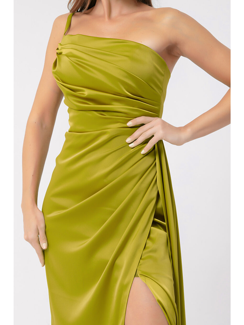 Kadın Yağ Yeşili Tek Omuzlu Saten Abiye & Mezuniyet Elbisesi-3