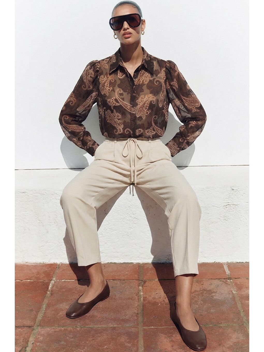 Kahverengi Şal Desen Kolu Büzgülü Gömlek - Kahve