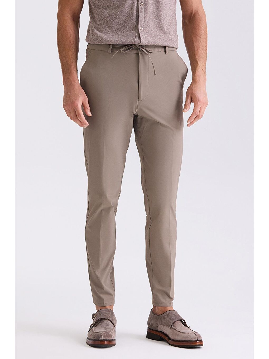 Bej Vizon Comfort Fit Beli Lastikli Jogger Pantolon