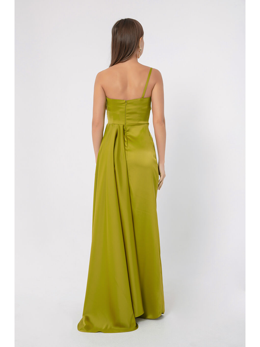 Kadın Yağ Yeşili Tek Omuzlu Saten Abiye & Mezuniyet Elbisesi-4