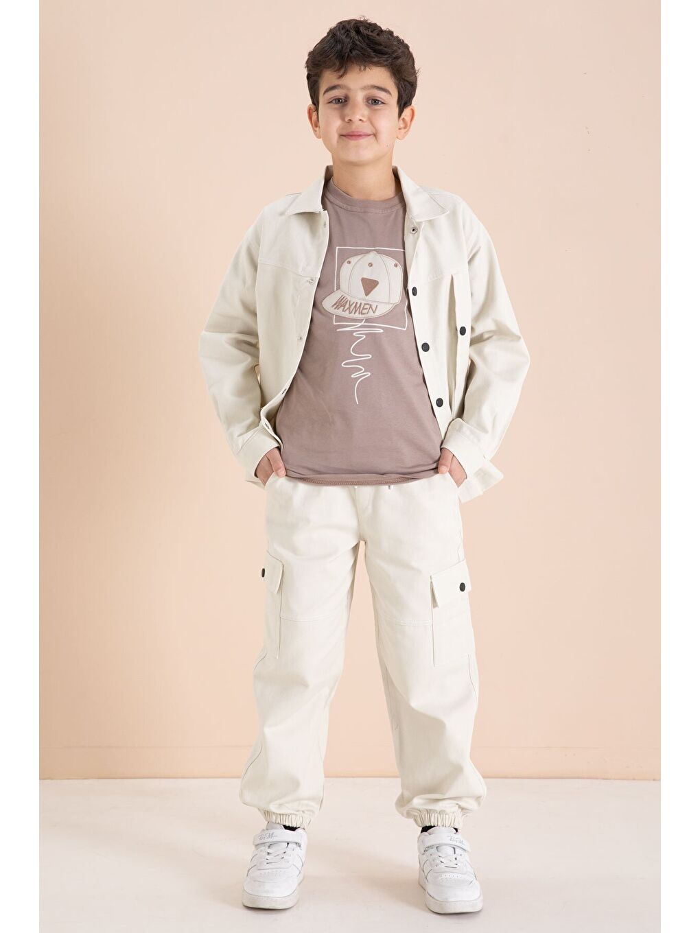Ekru Krem Kargo Cepli Jean Ceketli ve Pantolonlu Erkek Çocuk Tişörtlü 3lü Takım 23537
