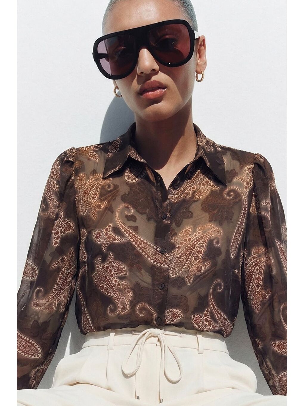 Kahverengi Şal Desen Kolu Büzgülü Gömlek - Kahve-1