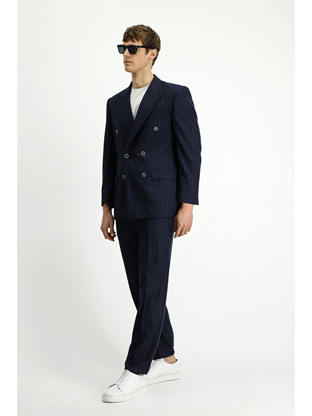 Lacivert 7 Drop Slim Fit Dar Kesim Çizgili Kruvaze Takım Elbise-1