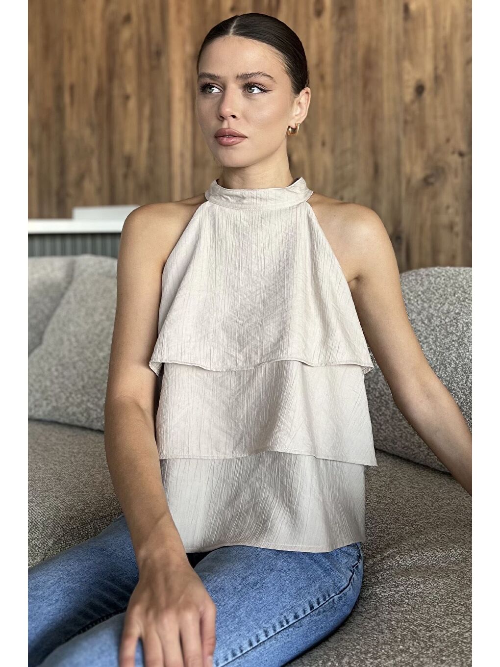 Bej Kadın Sıfır Kol Kat Kat Bluz