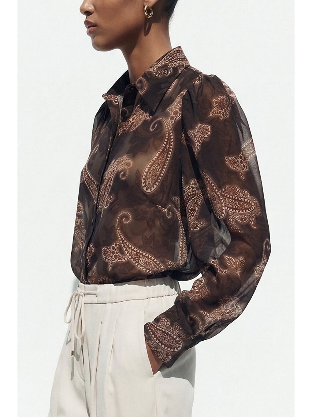 Kahverengi Şal Desen Kolu Büzgülü Gömlek - Kahve-2