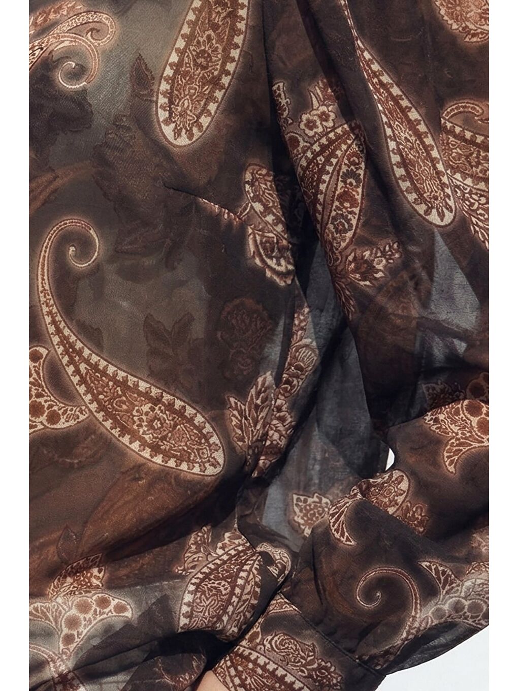 Kahverengi Şal Desen Kolu Büzgülü Gömlek - Kahve-3