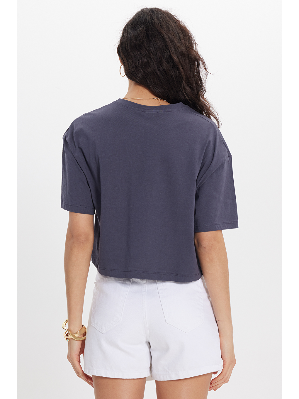 Kadın Slim Fit Dar Kesim %100 Pamuk Kısa Kollu Bisiklet Yaka Gri Crop Tişört-5