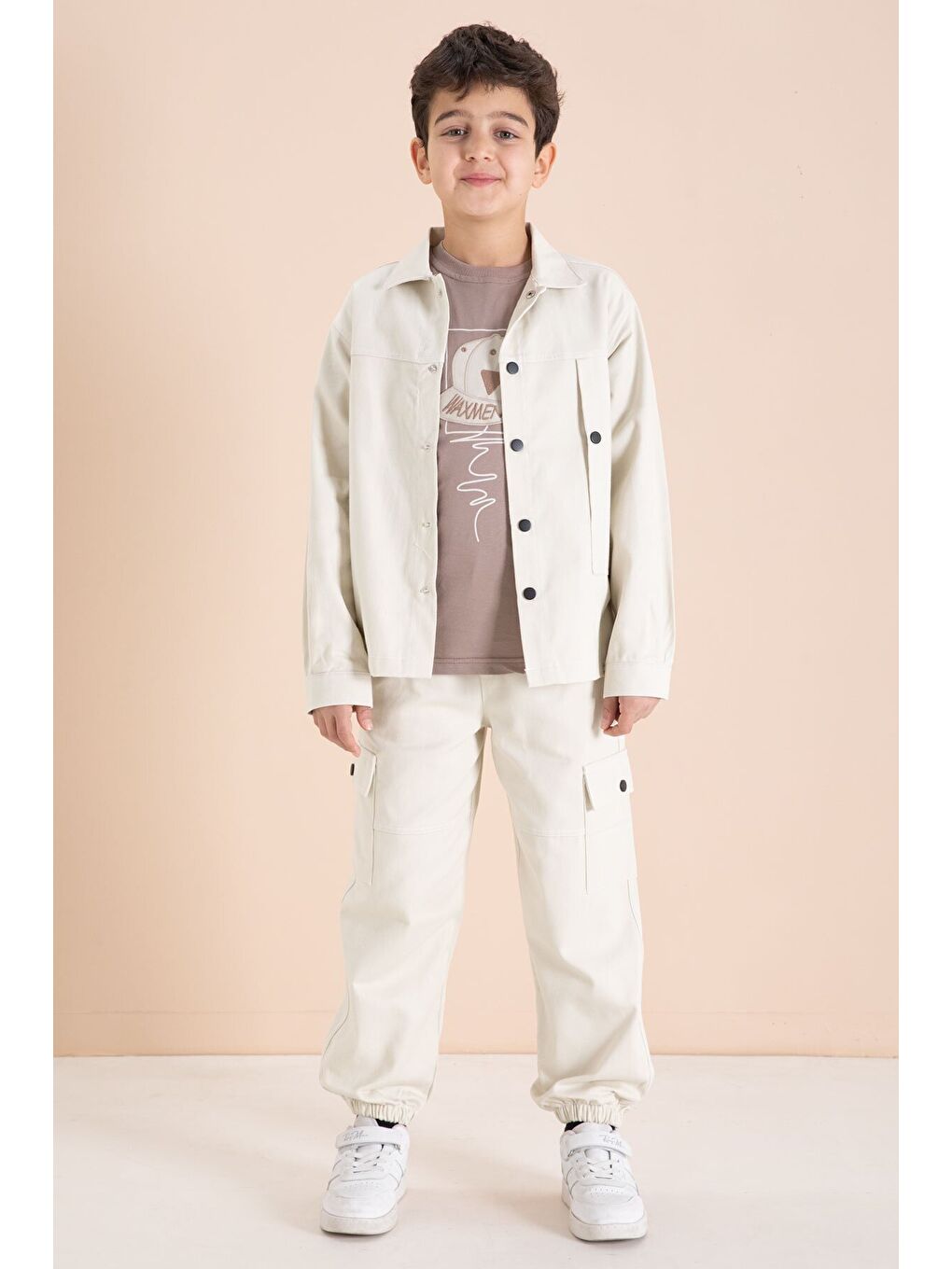 Ekru Krem Kargo Cepli Jean Ceketli ve Pantolonlu Erkek Çocuk Tişörtlü 3lü Takım 23537-1