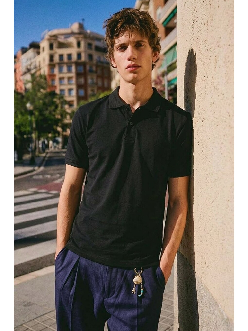 Erkek Basic Sokak Stili Siyah Polo Yaka Tişört-2