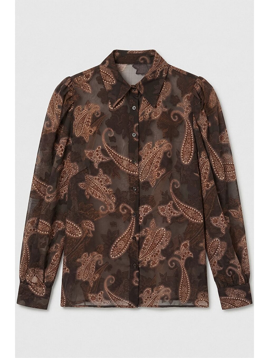 Kahverengi Şal Desen Kolu Büzgülü Gömlek - Kahve-5